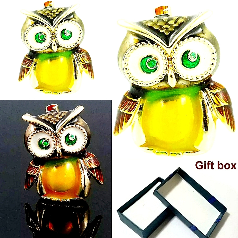 Yellow-green Orange crystal owl brooch